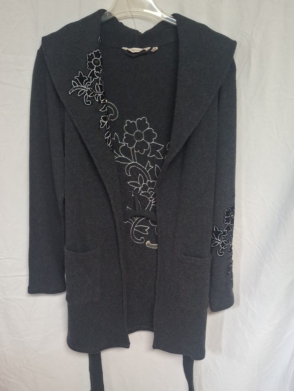 Soft Surroundings Gray Embroidered Peacock Cardigan Sweater Belted XS